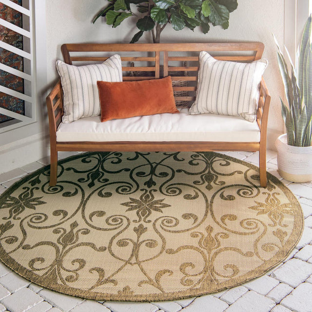 Brown 6' 1 x 6' 1 Outdoor Botanical Round Area Rug Weather Resistant for Patio, Deck, Terrace, Balcony, Porch Polypropylene Garden Floral Tropical Carpet for Sale at Rug Engine