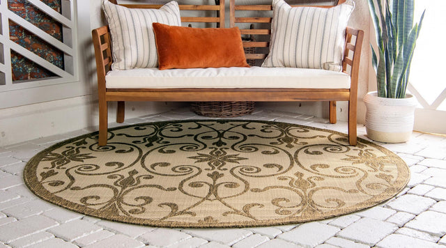 Brown 6' 1 x 6' 1 Outdoor Botanical Round Area Rug Weather Resistant for Patio, Deck, Terrace, Balcony, Porch Polypropylene Garden Floral Tropical Carpet for Sale at Rug Engine