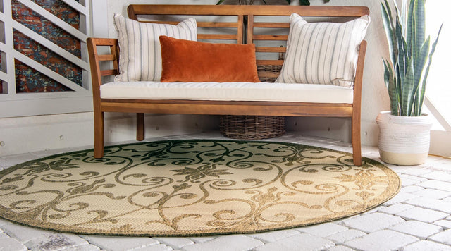 Brown 6' 1 x 6' 1 Outdoor Botanical Round Area Rug Weather Resistant for Patio, Deck, Terrace, Balcony, Porch Polypropylene Garden Floral Tropical Carpet for Sale at Rug Engine