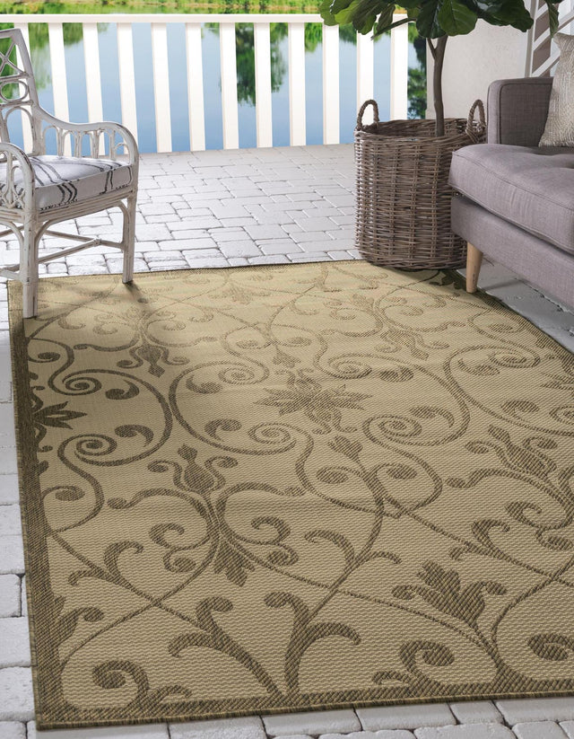 Brown 5' 3 x 8' Outdoor Botanical Rectangle Area Rug Weather Resistant for Patio, Deck, Terrace, Balcony, Porch Polypropylene Garden Floral Tropical Carpet for Sale at Rug Engine