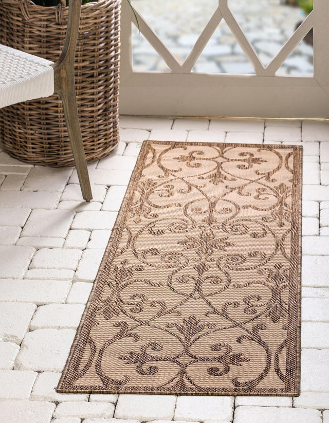 Brown 2' 2 x 6' 1 Outdoor Botanical Runner Area Rug Weather Resistant for Patio, Deck, Terrace, Balcony, Porch Polypropylene Garden Floral Tropical Carpet for Sale at Rug Engine