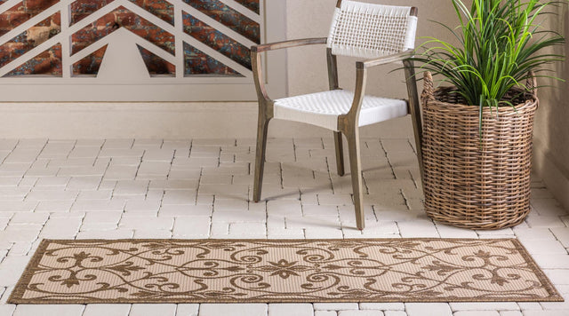 Brown 2' 2 x 6' 1 Outdoor Botanical Runner Area Rug Weather Resistant for Patio, Deck, Terrace, Balcony, Porch Polypropylene Garden Floral Tropical Carpet for Sale at Rug Engine