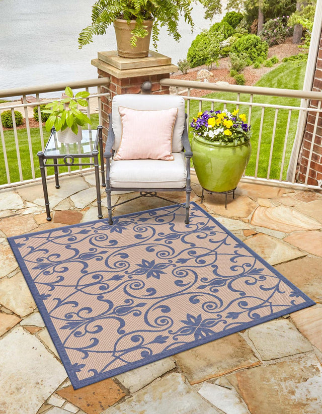 Blue 6' 1 x 6' 1 Outdoor Botanical Square Area Rug Weather Resistant for Patio, Deck, Terrace, Balcony, Porch Polypropylene Garden Floral Tropical Carpet for Sale at Rug Engine