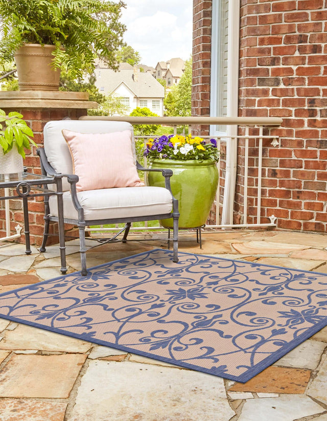 Blue 6' 1 x 6' 1 Outdoor Botanical Square Area Rug Weather Resistant for Patio, Deck, Terrace, Balcony, Porch Polypropylene Garden Floral Tropical Carpet for Sale at Rug Engine