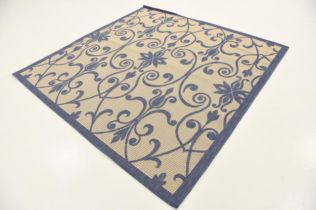 Blue 6' 1 x 6' 1 Outdoor Botanical Square Area Rug Weather Resistant for Patio, Deck, Terrace, Balcony, Porch Polypropylene Garden Floral Tropical Carpet for Sale at Rug Engine