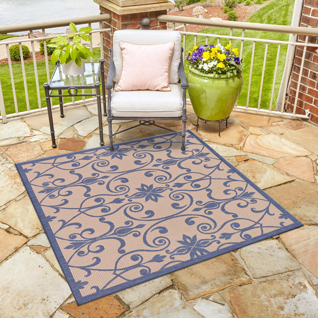 Blue 6' 1 x 6' 1 Outdoor Botanical Square Area Rug Weather Resistant for Patio, Deck, Terrace, Balcony, Porch Polypropylene Garden Floral Tropical Carpet for Sale at Rug Engine