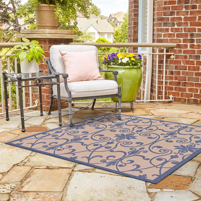 Blue 6' 1 x 6' 1 Outdoor Botanical Square Area Rug Weather Resistant for Patio, Deck, Terrace, Balcony, Porch Polypropylene Garden Floral Tropical Carpet for Sale at Rug Engine
