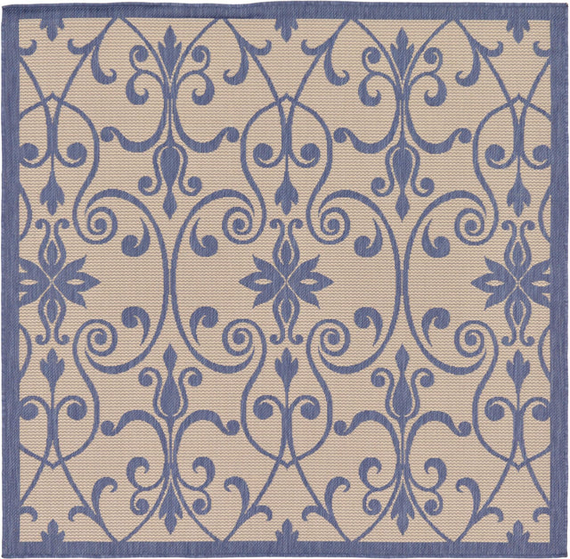 Blue 6' 1 x 6' 1 Outdoor Botanical Square Area Rug Weather Resistant for Patio, Deck, Terrace, Balcony, Porch Polypropylene Garden Floral Tropical Carpet for Sale at Rug Engine