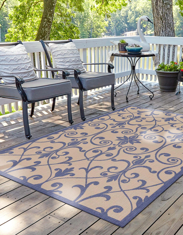 Blue 8' x 11' 4 Outdoor Botanical Rectangle Area Rug Weather Resistant for Patio, Deck, Terrace, Balcony, Porch Polypropylene Garden Floral Tropical Carpet for Sale at Rug Engine