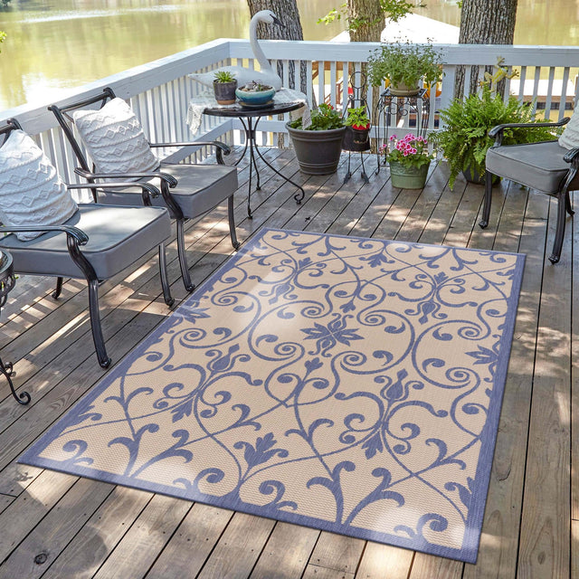 Blue 7' 1 x 10' Outdoor Botanical Rectangle Area Rug Weather Resistant for Patio, Deck, Terrace, Balcony, Porch Polypropylene Garden Floral Tropical Carpet for Sale at Rug Engine