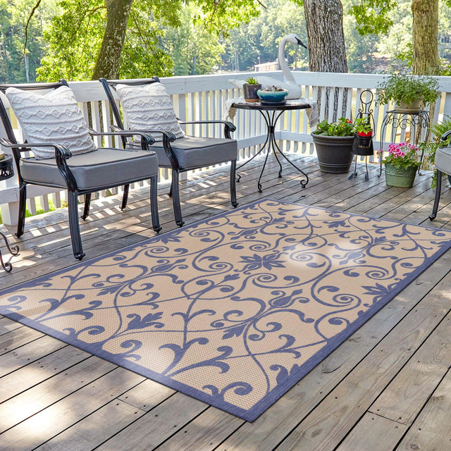 Blue 7' 1 x 10' Outdoor Botanical Rectangle Area Rug Weather Resistant for Patio, Deck, Terrace, Balcony, Porch Polypropylene Garden Floral Tropical Carpet for Sale at Rug Engine