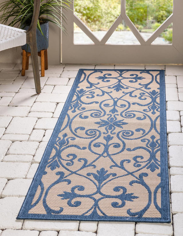 Blue 2' 2 x 6' 1 Outdoor Botanical Runner Area Rug Weather Resistant for Patio, Deck, Terrace, Balcony, Porch Polypropylene Garden Floral Tropical Carpet for Sale at Rug Engine