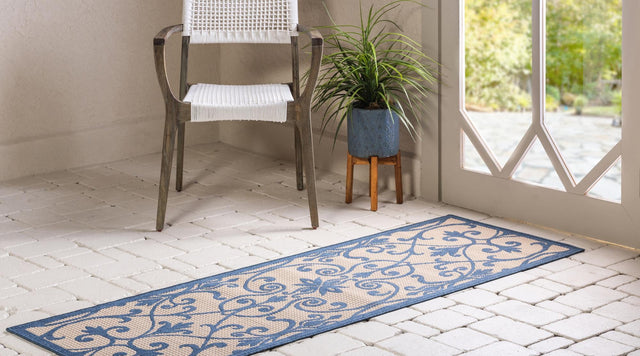Blue 2' 2 x 6' 1 Outdoor Botanical Runner Area Rug Weather Resistant for Patio, Deck, Terrace, Balcony, Porch Polypropylene Garden Floral Tropical Carpet for Sale at Rug Engine