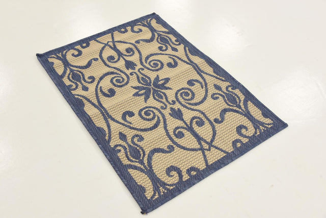 Blue 2' 2 x 3' 1 Outdoor Botanical Rectangle Area Rug Weather Resistant for Patio, Deck, Terrace, Balcony, Porch Polypropylene Garden Floral Tropical Carpet for Sale at Rug Engine