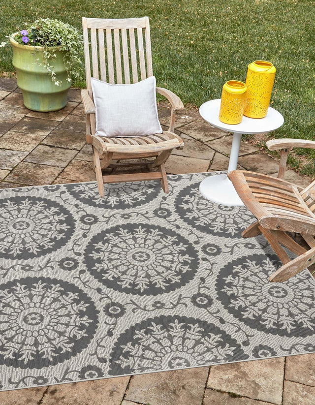 Gray 6' 1 x 6' 1 Outdoor Botanical Square Area Rug Weather Resistant for Patio, Deck, Terrace, Balcony, Porch Polypropylene Garden Floral Tropical Carpet for Sale at Rug Engine