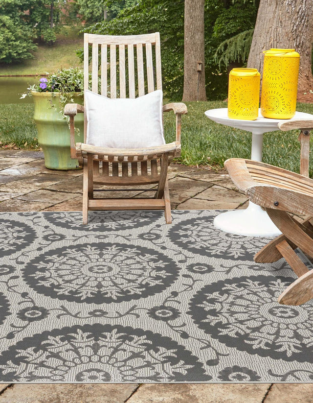 Gray 6' 1 x 6' 1 Outdoor Botanical Square Area Rug Weather Resistant for Patio, Deck, Terrace, Balcony, Porch Polypropylene Garden Floral Tropical Carpet for Sale at Rug Engine