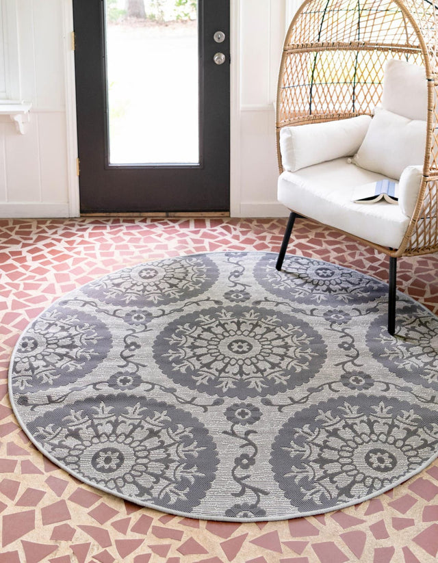 Gray 6' 1 x 6' 1 Outdoor Botanical Round Area Rug Weather Resistant for Patio, Deck, Terrace, Balcony, Porch Polypropylene Garden Floral Tropical Carpet for Sale at Rug Engine