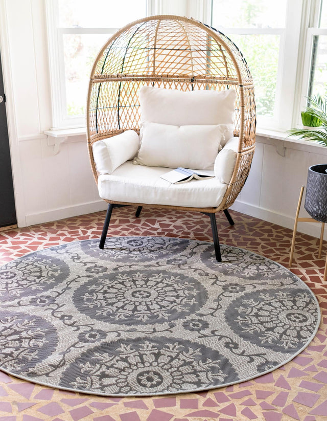 Gray 6' 1 x 6' 1 Outdoor Botanical Round Area Rug Weather Resistant for Patio, Deck, Terrace, Balcony, Porch Polypropylene Garden Floral Tropical Carpet for Sale at Rug Engine