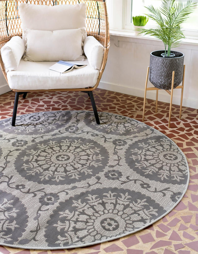 Gray 6' 1 x 6' 1 Outdoor Botanical Round Area Rug Weather Resistant for Patio, Deck, Terrace, Balcony, Porch Polypropylene Garden Floral Tropical Carpet for Sale at Rug Engine