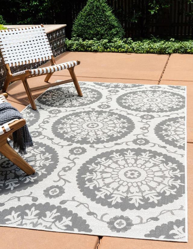 Gray 7' 1 x 10' Outdoor Botanical Rectangle Area Rug Weather Resistant for Patio, Deck, Terrace, Balcony, Porch Polypropylene Garden Floral Tropical Carpet for Sale at Rug Engine