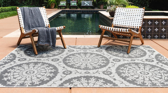Gray 8' x 11' 4 Outdoor Botanical Rectangle Area Rug Weather Resistant for Patio, Deck, Terrace, Balcony, Porch Polypropylene Garden Floral Tropical Carpet for Sale at Rug Engine