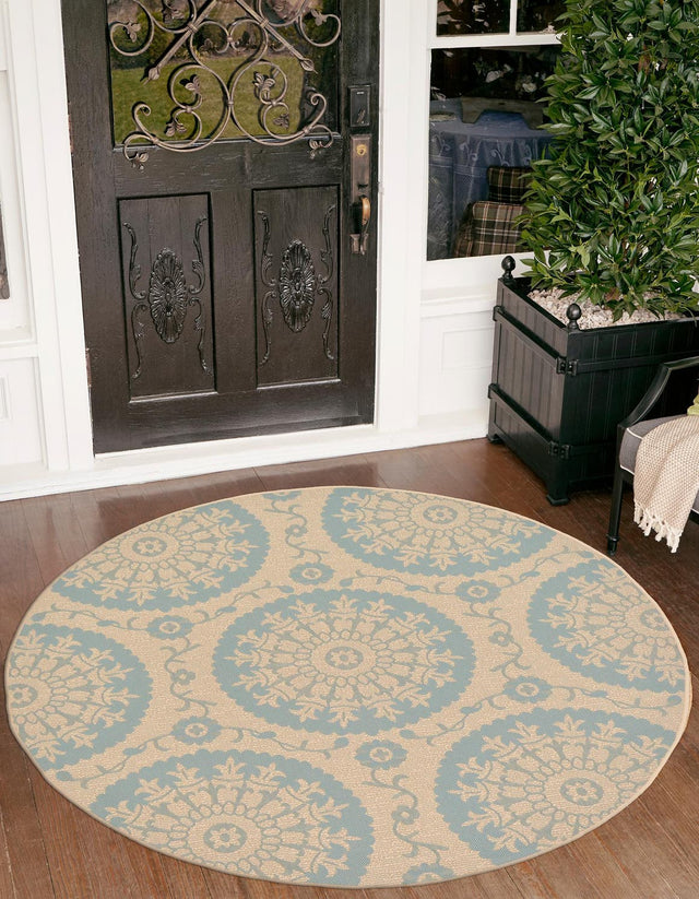 Aqua 6' 1 x 6' 1 Outdoor Botanical Round Area Rug Weather Resistant for Patio, Deck, Terrace, Balcony, Porch Polypropylene Garden Floral Tropical Carpet for Sale at Rug Engine