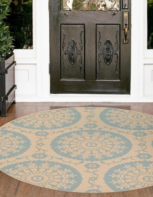 Aqua 6' 1 x 6' 1 Outdoor Botanical Round Area Rug Weather Resistant for Patio, Deck, Terrace, Balcony, Porch Polypropylene Garden Floral Tropical Carpet for Sale at Rug Engine