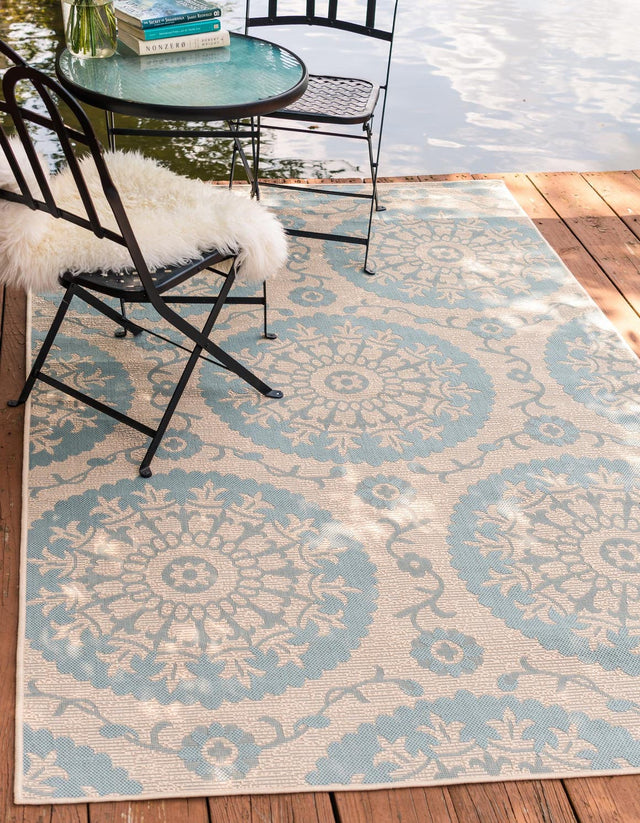 Aqua 7' 1 x 10' Outdoor Botanical Rectangle Area Rug Weather Resistant for Patio, Deck, Terrace, Balcony, Porch Polypropylene Garden Floral Tropical Carpet for Sale at Rug Engine