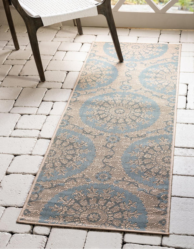 Aqua 2' 2 x 6' 1 Outdoor Botanical Runner Area Rug Weather Resistant for Patio, Deck, Terrace, Balcony, Porch Polypropylene Garden Floral Tropical Carpet for Sale at Rug Engine