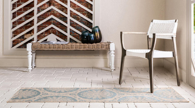 Aqua 2' 2 x 6' 1 Outdoor Botanical Runner Area Rug Weather Resistant for Patio, Deck, Terrace, Balcony, Porch Polypropylene Garden Floral Tropical Carpet for Sale at Rug Engine