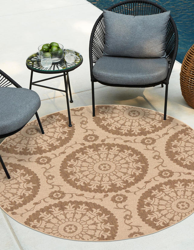 Brown 6' 1 x 6' 1 Outdoor Botanical Round Area Rug Weather Resistant for Patio, Deck, Terrace, Balcony, Porch Polypropylene Garden Floral Tropical Carpet for Sale at Rug Engine