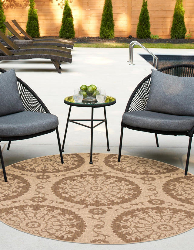 Brown 6' 1 x 6' 1 Outdoor Botanical Round Area Rug Weather Resistant for Patio, Deck, Terrace, Balcony, Porch Polypropylene Garden Floral Tropical Carpet for Sale at Rug Engine