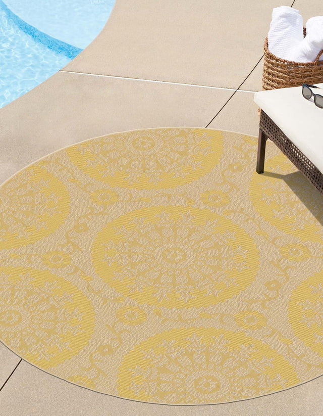 Yellow 6' 1 x 6' 1 Outdoor Botanical Round Area Rug Weather Resistant for Patio, Deck, Terrace, Balcony, Porch Polypropylene Garden Floral Tropical Carpet for Sale at Rug Engine