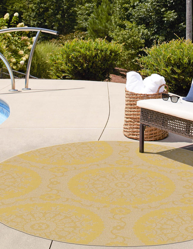 Yellow 6' 1 x 6' 1 Outdoor Botanical Round Area Rug Weather Resistant for Patio, Deck, Terrace, Balcony, Porch Polypropylene Garden Floral Tropical Carpet for Sale at Rug Engine