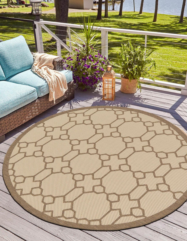 Beige 6' 1 x 6' 1 Outdoor Trellis Round Area Rug Weather Resistant for Patio, Deck, Terrace, Balcony, Porch Geometric Design Water Safe Outside Carpet for Sale at Rug Engine