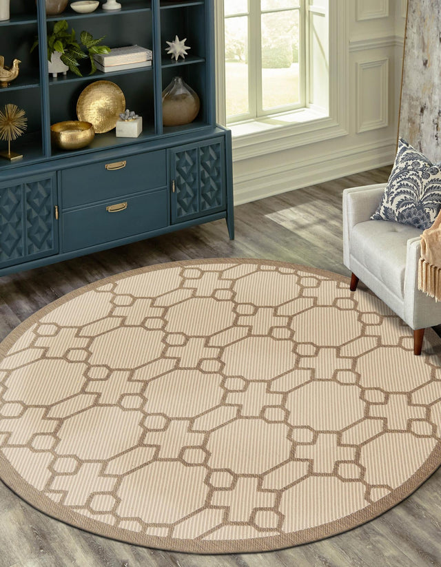 Beige 6' 1 x 6' 1 Outdoor Trellis Round Area Rug Weather Resistant for Patio, Deck, Terrace, Balcony, Porch Geometric Design Water Safe Outside Carpet for Sale at Rug Engine