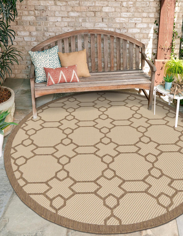 Beige 6' 1 x 6' 1 Outdoor Trellis Round Area Rug Weather Resistant for Patio, Deck, Terrace, Balcony, Porch Geometric Design Water Safe Outside Carpet for Sale at Rug Engine