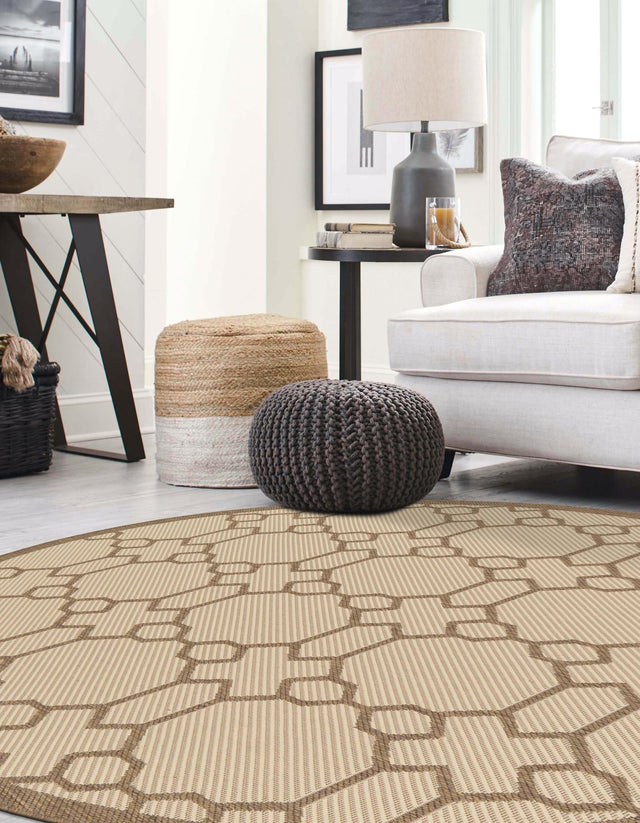 Beige 6' 1 x 6' 1 Outdoor Trellis Round Area Rug Weather Resistant for Patio, Deck, Terrace, Balcony, Porch Geometric Design Water Safe Outside Carpet for Sale at Rug Engine