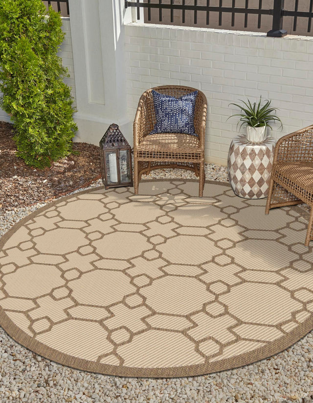 Beige 6' 1 x 6' 1 Outdoor Trellis Round Area Rug Weather Resistant for Patio, Deck, Terrace, Balcony, Porch Geometric Design Water Safe Outside Carpet for Sale at Rug Engine