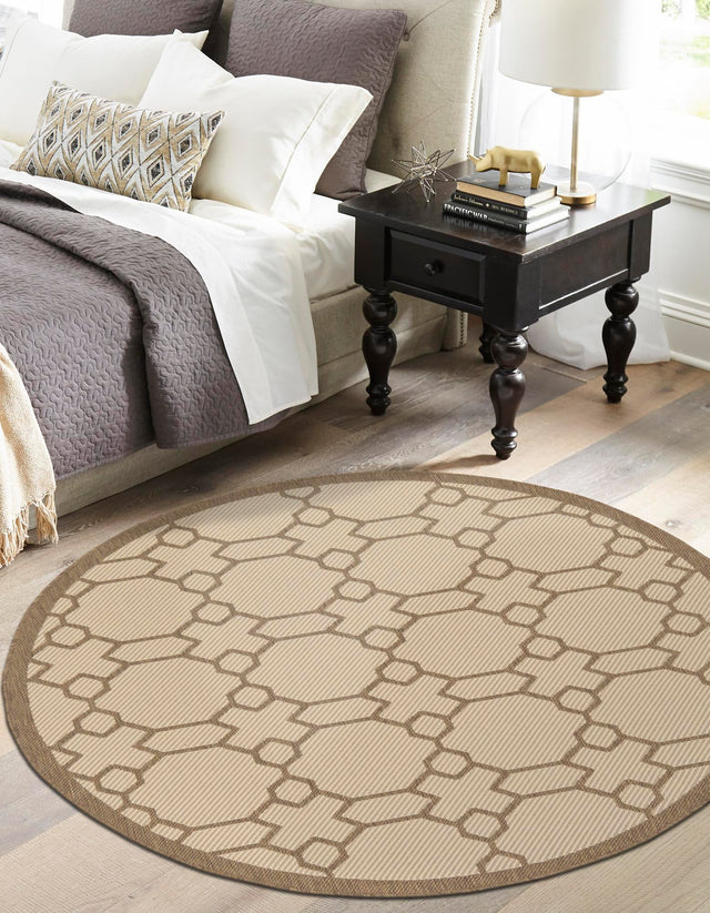 Beige 6' 1 x 6' 1 Outdoor Trellis Round Area Rug Weather Resistant for Patio, Deck, Terrace, Balcony, Porch Geometric Design Water Safe Outside Carpet for Sale at Rug Engine