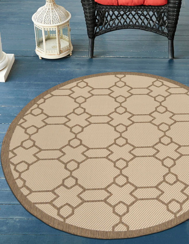 Beige 6' 1 x 6' 1 Outdoor Trellis Round Area Rug Weather Resistant for Patio, Deck, Terrace, Balcony, Porch Geometric Design Water Safe Outside Carpet for Sale at Rug Engine