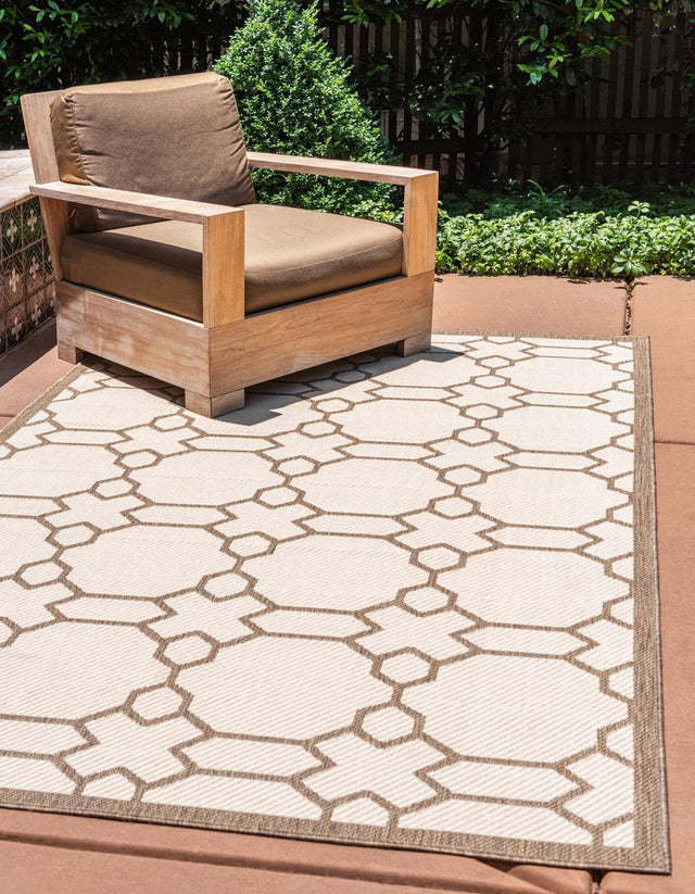 Beige 5' 3 x 8' Outdoor Trellis Rectangle Area Rug Weather Resistant for Patio, Deck, Terrace, Balcony, Porch Geometric Design Water Safe Outside Carpet for Sale at Rug Engine