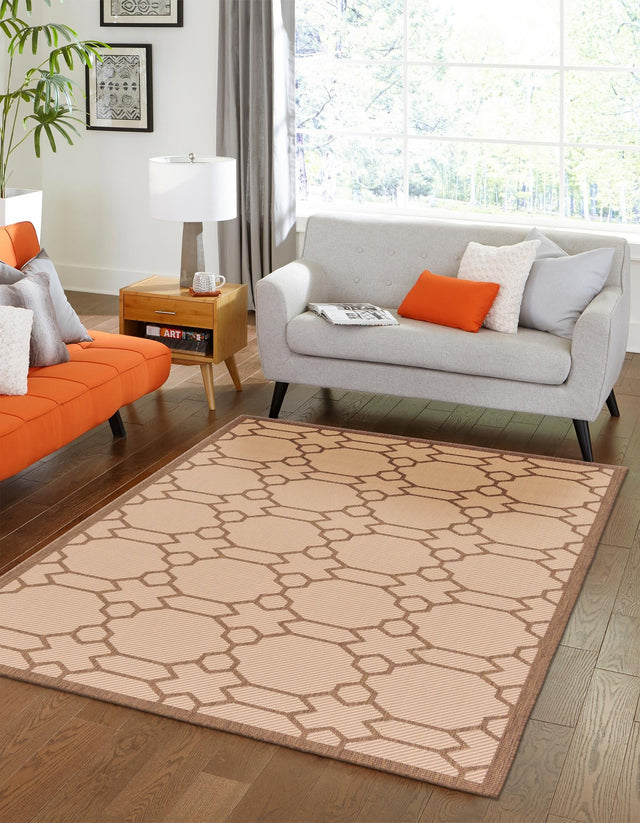 Beige 5' 3 x 8' Outdoor Trellis Rectangle Area Rug Weather Resistant for Patio, Deck, Terrace, Balcony, Porch Geometric Design Water Safe Outside Carpet for Sale at Rug Engine