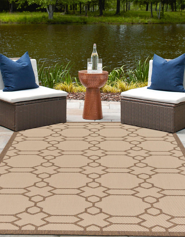 Beige 5' 3 x 8' Outdoor Trellis Rectangle Area Rug Weather Resistant for Patio, Deck, Terrace, Balcony, Porch Geometric Design Water Safe Outside Carpet for Sale at Rug Engine