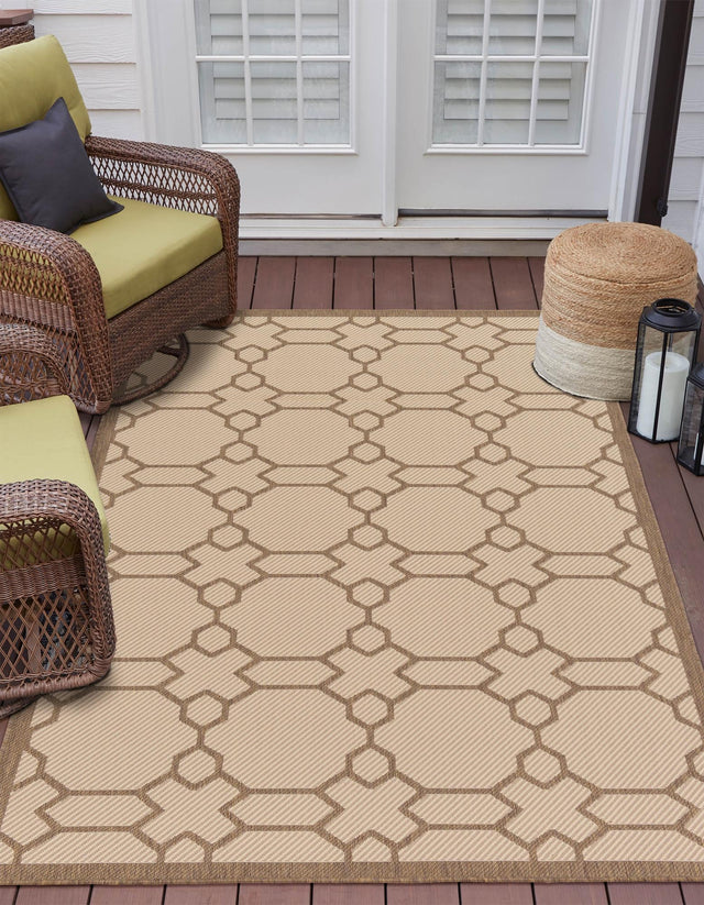 Beige 5' 3 x 8' Outdoor Trellis Rectangle Area Rug Weather Resistant for Patio, Deck, Terrace, Balcony, Porch Geometric Design Water Safe Outside Carpet for Sale at Rug Engine