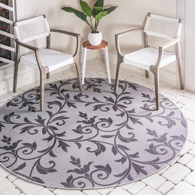 Gray 6' x 6' Outdoor Botanical Round Area Rug Weather Resistant for Patio, Deck, Terrace, Balcony, Porch Polypropylene Garden Floral Tropical Carpet for Sale at Rug Engine