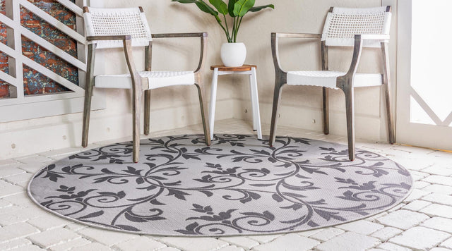 Gray 6' x 6' Outdoor Botanical Round Area Rug Weather Resistant for Patio, Deck, Terrace, Balcony, Porch Polypropylene Garden Floral Tropical Carpet for Sale at Rug Engine