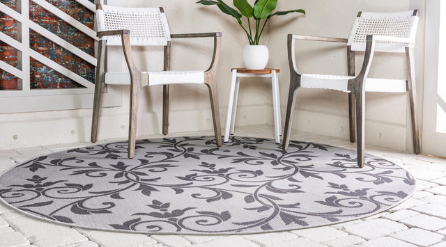 Gray 6' x 6' Outdoor Botanical Round Area Rug Weather Resistant for Patio, Deck, Terrace, Balcony, Porch Polypropylene Garden Floral Tropical Carpet for Sale at Rug Engine