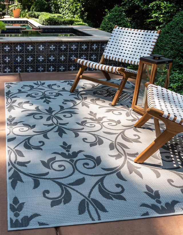 Gray 7' x 10' Outdoor Botanical Rectangle Area Rug Weather Resistant for Patio, Deck, Terrace, Balcony, Porch Polypropylene Garden Floral Tropical Carpet for Sale at Rug Engine