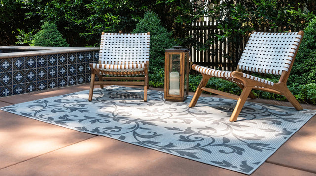 Gray 7' x 10' Outdoor Botanical Rectangle Area Rug Weather Resistant for Patio, Deck, Terrace, Balcony, Porch Polypropylene Garden Floral Tropical Carpet for Sale at Rug Engine